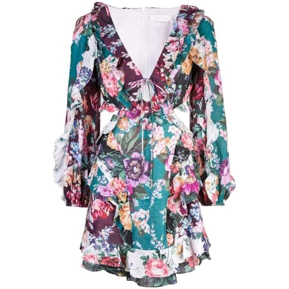 NWT. ZIMMERMANN Allia Ruffled Floral-print Linen Mini Dress AU0 / US4 green - Picture 8 of 16